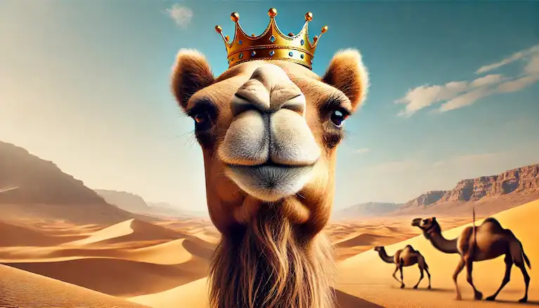 camel with a crown on it head in the desert