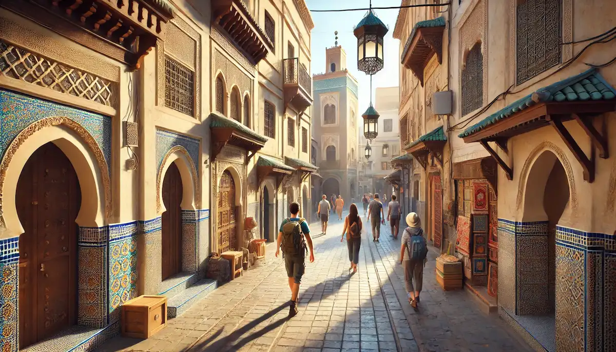 tourists walking in a peacefull moroccan street showing is it safe to travel to morocco